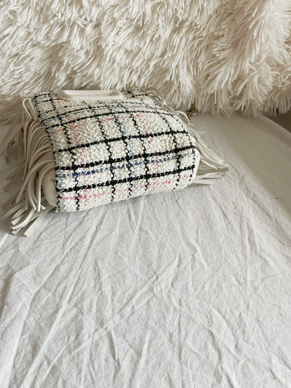 Maje Tweed Mini Bag – White Multicolor Check with Fringe