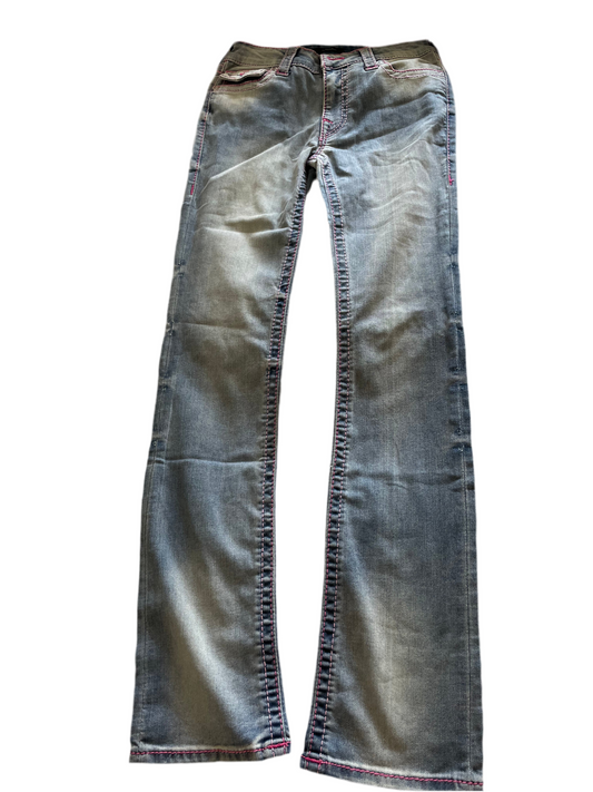 True Religion Billie Mid Rise Straight Jeans – Light Wash with Pink Stitching