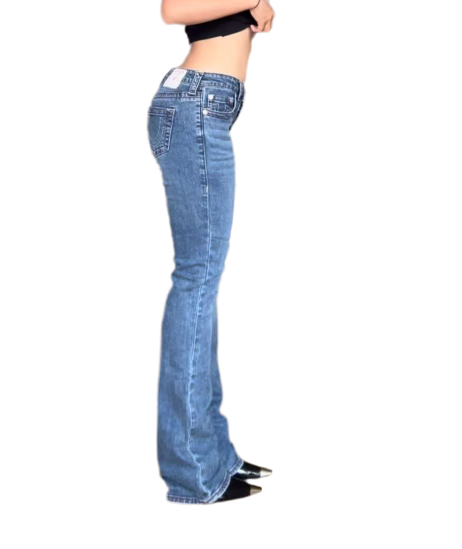 True Religion Billie Mid Rise Straight Jeans – Dark Wash, Red Stitching