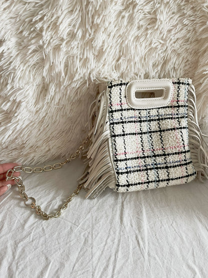 Maje Tweed Mini Bag – White Multicolor Check with Fringe