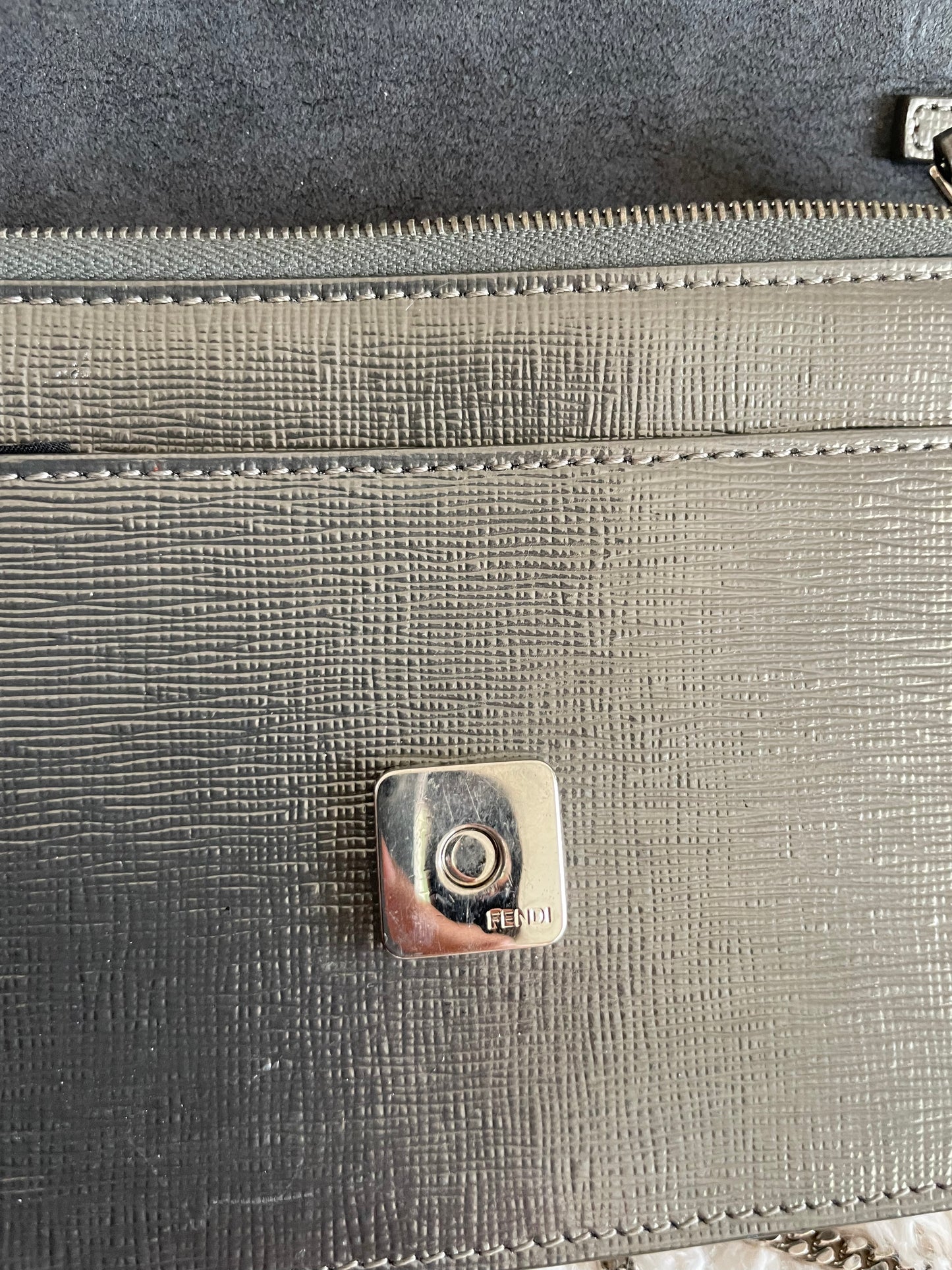 Fendi Baguette Chain Wallet – Metallic Silver Leather